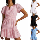 Fongt Women's V-Neck A-Shaped Hollow Lace Folded Short-Sleeved Mini Dress