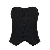 Fongt Vacation Shoulder Single Row Irregularly Hem Brat Waist Striped Suit Top