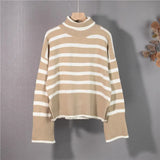 2021 Autunm Winter Women Sweaters Turtleneck Striped Vintage Oversized Split Knitwears Elegant Lady Tops