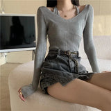 Fongt Two Knitted Shirt Women Spring New Sexy Slimy V Collar Hanging Neck Long Sleeve Bottom