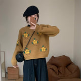 Fongt Autumn And Winter New Hook Flower Stereo Embroidery Art Retro Pullover Sweater Loose Show Thin Short Sweater Woman-Outfit