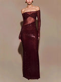 Fongt Women's Perspective Evening Dress Dress Sexy Long-Term Repair Shoulder Woman 8108