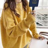 Fongt Women's Autumn Winter New Style With Lazy Wind Pure Color Sweater Loose Round Collar Thick Mixed Color Top Female-Outfit