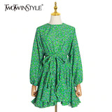 Elegant Print Women Dress O Neck Lantern Long Sleeve High Waist Lace Up Bow Ruffles Mini Dresses For Female