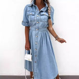 Summer Women's New Button Shirt Short-Sleeved Denim Dress-Outfit