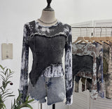 Solid Shooting Tie-Dye Print Spliced Denim T-Shirt Girl Autumn Design Sense Irregular Hair Side Short-Sleeved Top