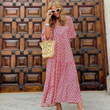 Puff Sleeve Long Dress Women Elegant Printed V-Neck Maxi Dresses Boho Drawstring Loose Holiday Beach Dress Vestidos