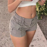 Summer Hot Girls Street Retro To Make Old Low-Waisted Asymmetrical Pocket Tooling Woven Casual Shorts-Outfit