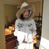 Fongt Cloth Forget Retro Hair Splicing Velvet Zipper Casual Coat BM Style Hooded Solid Color Sweater