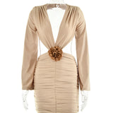 V Neck Flower Dress Sexy Babes Long Sleeve Backless Temperament Bag Hip Skirt Elegant Party Dress Club Clothing-Outfit