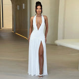 Summer New Women's Temperament Hanging Neck V Neck Dress Sexy Slit Fold Show Back Dress-Outfit