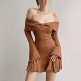 Fongt Winter New Women's Sweet Sexy Pure Desire Slim Thread One Word Shoulder Long Sleeve