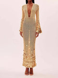 Fongt 2025 New Temperament V-Necked Liangs Sleeve Knitted Long Dress