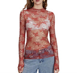New Women's Lace Top Mesh Multi-Colored Bottom Shirt Sexy Hot Girl Trend