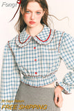 Plaids Peter Pan Collar Patchwork Sweet Shirt Blouse Women Loose All-match Fashion Gentle Femme