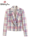 Women Tweed Blazer Coat Plaid Cropped Elegant Office Lady Chic Double Breasted Slim Outerwears Women's Jacket 2023 New In-Outfit