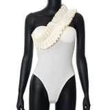 Sexy Ruffles Slant Shoulder Cut Out Bodysuits Women Sleeveless Solid White One Piece Rompers 2022 Summer Beach Holiday