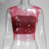 Fongt Nightclub Dresses Fishnet Hollow Out Rhinestone Vest Mesh Flash Diamond Sling Top