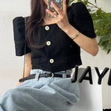 Ropa Mujer Puff Short Sleeve Chaqueta Mujeres Square Collar Jacket Woman Single Breasted Jackets Spring Summer Outwears-Outfit