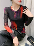 S-3XL New Vague Printing Mesh T-shirt Women's Round Neck Long Sleeve High Stretch Light Fabric Tees Tops-Outfit