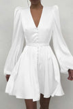 V Neck Puff Long Sleeve Mini