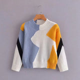 Women 2021 Fashion Patchwork Knitted Sweater Jumper O Neck Female Elegant Oversize Pullovers Chic Tops
