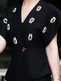 Fongt Sexy Deep V Vest Blouse 2025 Autumn New Temperament Slimming Nail Drill Senior Sense Coat Woman