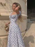 Floral Print Dress Sweet Square Neck Puff Sleeve Side Spilt Drawstring Maxi Dresses for Women Party Chic Casual