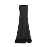 Fongt New Spring 2024 Round Collar Sleeveless Hem Stitching Feather Dress-Outfit