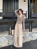 Fongt Xixi 2025 Autumn White Standard Temperament High-Waisted Solid-Color Pumping Rope Leisure Straight Broad Leg Leisure Pants 85300