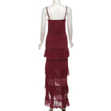 Burgundy Mesh Ruffle Strap Maxi Dress-Outfit