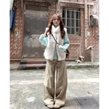 Fongt Daily Commute Relaxation Green Knitted Jersey Folded Vest Coat Wide Leg Trousers Set