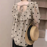Sweet Polka Dot Printed Shirt Women's Elegant Square Collar Ruffles Spliced Loose Casual Puff Sleeve Drawstring Blouse-Outfit