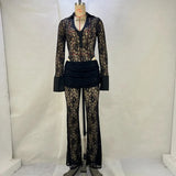 Fongt Sexy Lace Stitching Deep V Long Sleeve Top Slim See-Through High Waist Bell Bottoms Women's Suit-Outfit