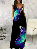 Fongt New Ladies Digital Print Butterfly Sexy V-Neck Dress Suspension Dress Women's Dress