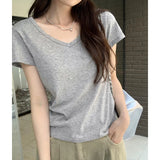 V-Collar Solid Color T-Shirt Small Short-Sleeved T-Shirt Women's New Slim And Thin Underwear In