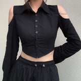 Fongt Pure Wind Women's Lapel Breasted Cardigan Open Shoulder Hollow Chain Temperament With Long Sleeve