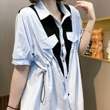 Streetwear Solid Color Patchwork Blouse Women's Clothing Casual Single-breasted Shirring Summer Commute Polo-Neck Shirt-Outfit
