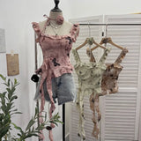 Real Shoot French Retro Irregular Lotus With Chest Cushions With Ribbon Sling Vest Summer Chiffon Top