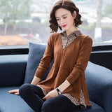Patchwork Sweater Women Casual Loose Fake Two Piece Knit Tops Spring Fall Lapel Pullover Korean Mom Knitwear Jumper
