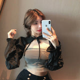 Fongt Summer New Short Black Bow Long-Sleeved Sun Shawl Women Design Bubble Sleeve