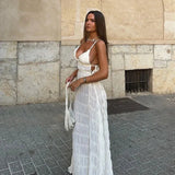 White Ruched V-neck Strap Maxi Dress-Outfit