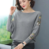 Embroidery Batwing Sleeve O-Neck Spring Sweaters Women Casual Loose Knitted Pullovers Large Size Knitwear Tops