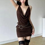 2024 Summer New Women's Fashion Silver Belt Decorated Brown Tight