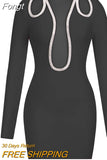 2023 New Fall Ladies Sexy Long Sleeve Turtleneck Crystal Diamond Black Tight Bandage Dress Elegant Celebrity Party