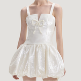 White Cream Sequin Pearl Bow Puff Skirt Mini Dress-Outfit