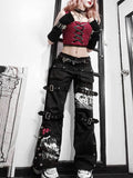 Fongt Cloth Forget Autumn Dark Black Personality Street Pocket Open Fork Straight Pants Print Casual Denim Hanging Trousers
