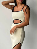 Sleeveless Lace-up Strap Summer Dress 2023 Sexy Women Waist Cutout Hollow Out Side Split Dress Female Vestidos Solid-Outfit