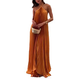 Fongt Women's Clothing Hanging Neck-Deck Sexy Dress Holiday Sleeveless Fashion 100 Folded Women 8080
