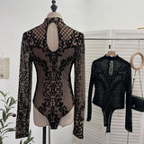 Sexy Velvet Mesh Bottoming Long Sleeve Half-High Collar Slimming T-Shirt Top
